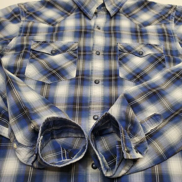 American Eagle Outfitters Gray Blue Plaid Pearl Snap Shirt Vintage Fit Men’s L - Picture 11 of 13